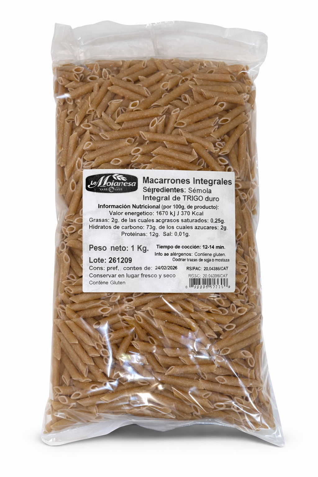 MACARRONES INTEGRALES BOLSA 1 KG MOIANESA