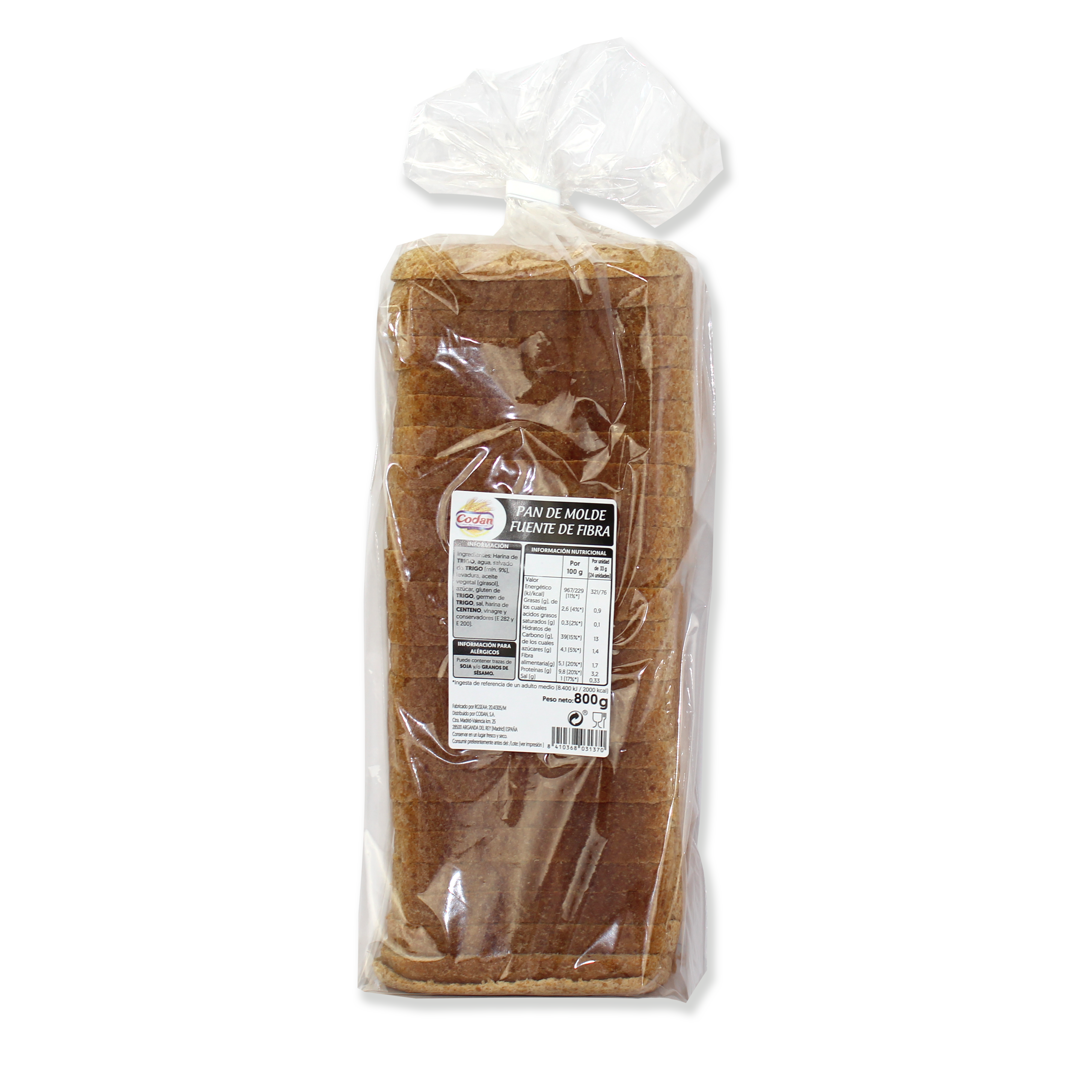 PAN DE MOLDE INTEGRAL CAJA 6 UD X 800G R CODAN