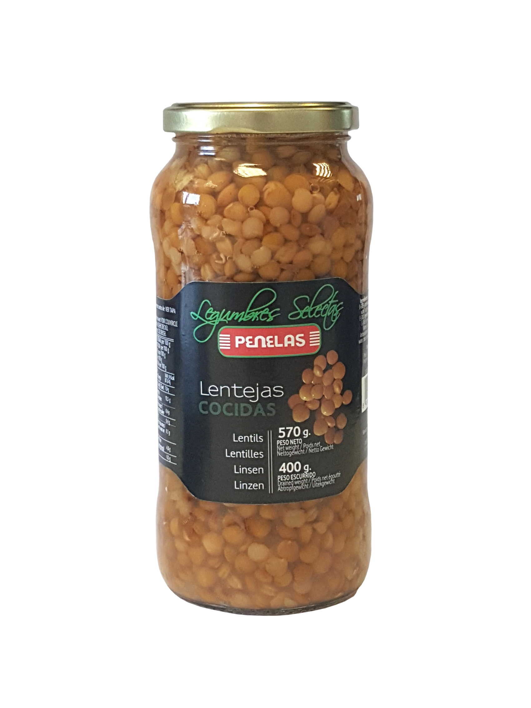 LENTEJAS COCIDAS FRASCO 1 KG P.E. 400 G PENELAS